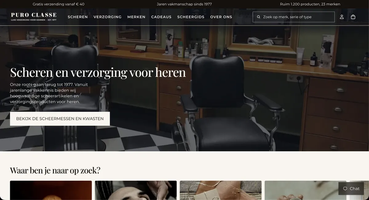 Homepage van de webshop van Puro Classe met scheer- en verzorgingsproducten voor heren